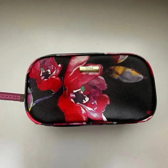 Trina Turk Black & Red Floral Print Rectangle Shape Cosmetic Bags - Picture 1 of 5